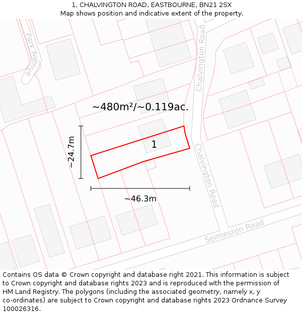 1, CHALVINGTON ROAD, EASTBOURNE, BN21 2SX: Plot and title map
