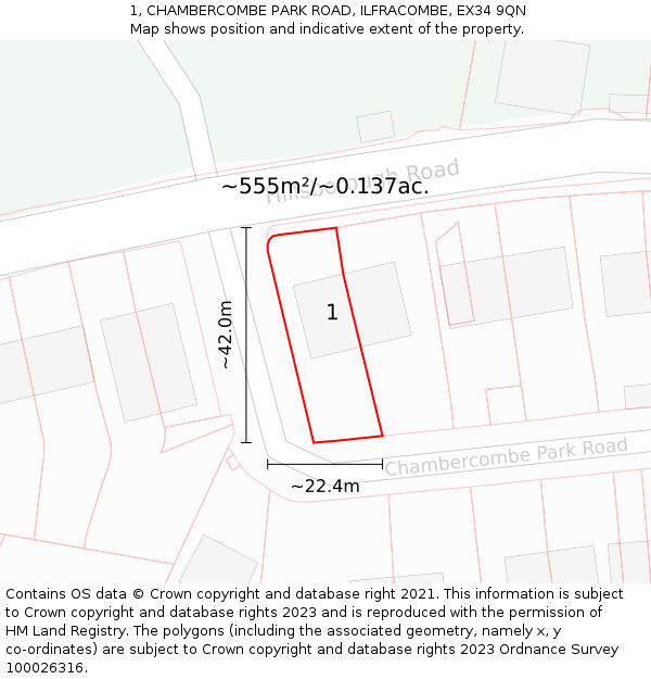 1, CHAMBERCOMBE PARK ROAD, ILFRACOMBE, EX34 9QN: Plot and title map