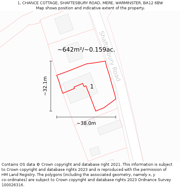 1, CHANCE COTTAGE, SHAFTESBURY ROAD, MERE, WARMINSTER, BA12 6BW: Plot and title map