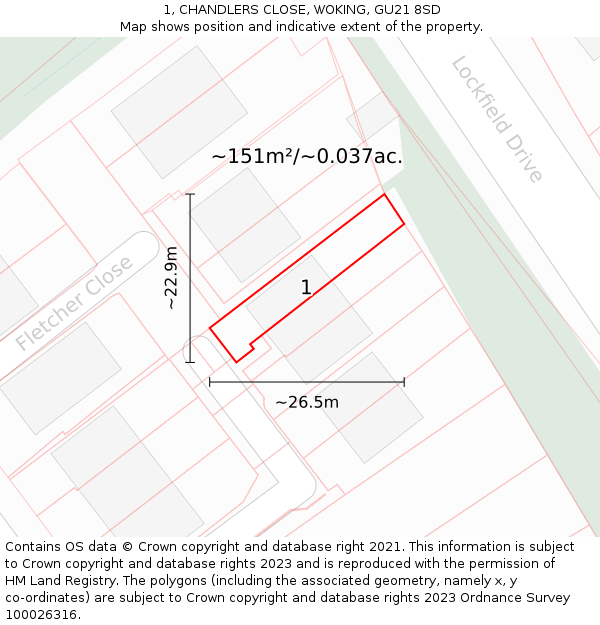 1, CHANDLERS CLOSE, WOKING, GU21 8SD: Plot and title map