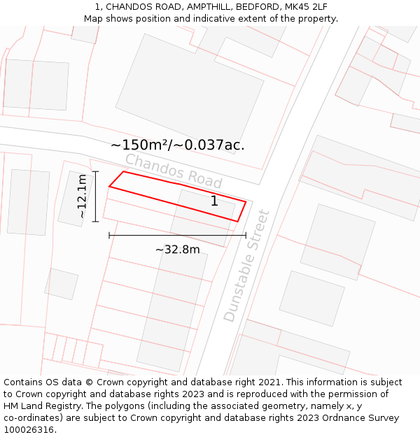 1, CHANDOS ROAD, AMPTHILL, BEDFORD, MK45 2LF: Plot and title map