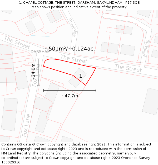1, CHAPEL COTTAGE, THE STREET, DARSHAM, SAXMUNDHAM, IP17 3QB: Plot and title map