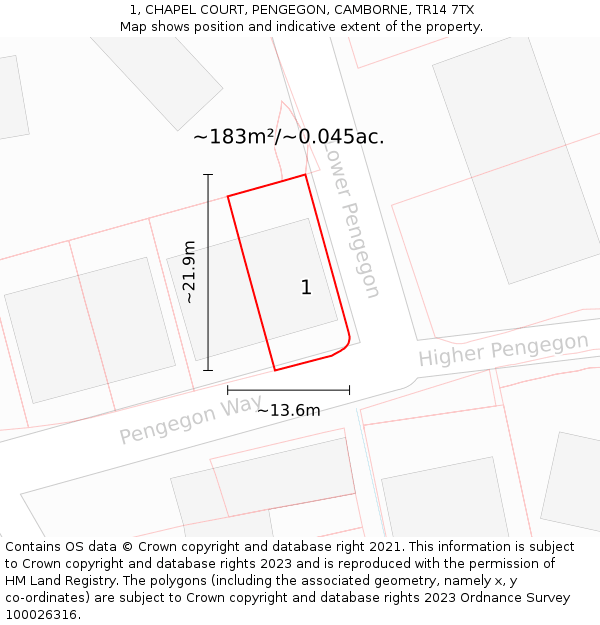 1, CHAPEL COURT, PENGEGON, CAMBORNE, TR14 7TX: Plot and title map