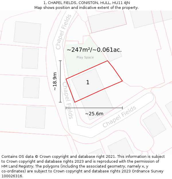 1, CHAPEL FIELDS, CONISTON, HULL, HU11 4JN: Plot and title map