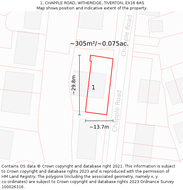 1, CHAPPLE ROAD, WITHERIDGE, TIVERTON, EX16 8AS: Plot and title map