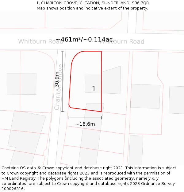 1, CHARLTON GROVE, CLEADON, SUNDERLAND, SR6 7QR: Plot and title map