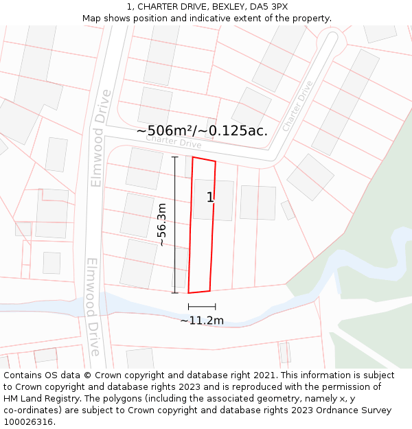 1, CHARTER DRIVE, BEXLEY, DA5 3PX: Plot and title map