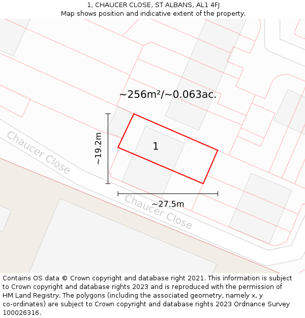 1, CHAUCER CLOSE, ST ALBANS, AL1 4FJ: Plot and title map