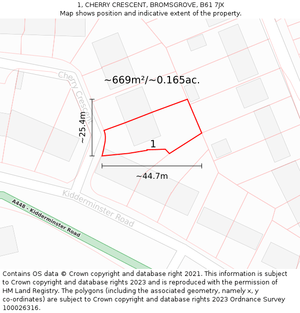 1, CHERRY CRESCENT, BROMSGROVE, B61 7JX: Plot and title map
