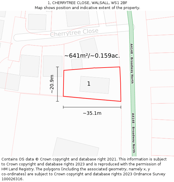 1, CHERRYTREE CLOSE, WALSALL, WS1 2BF: Plot and title map