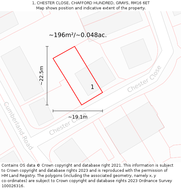 1, CHESTER CLOSE, CHAFFORD HUNDRED, GRAYS, RM16 6ET: Plot and title map