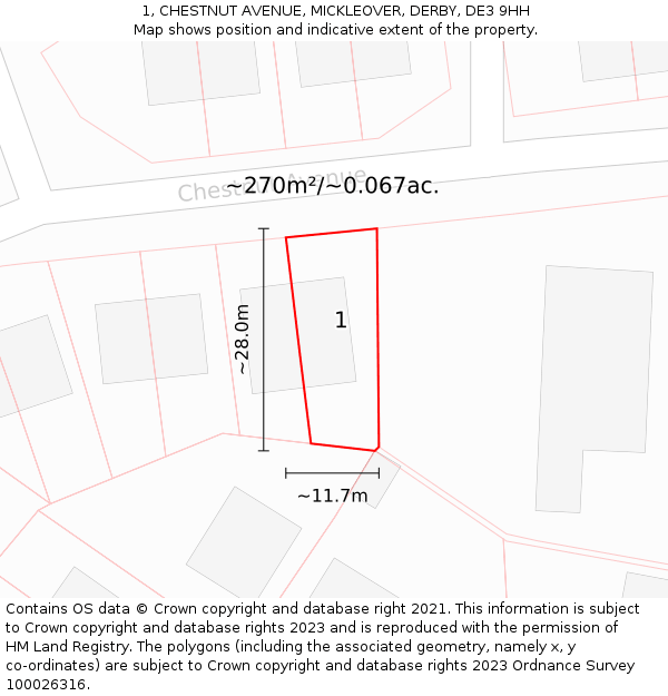 1, CHESTNUT AVENUE, MICKLEOVER, DERBY, DE3 9HH: Plot and title map