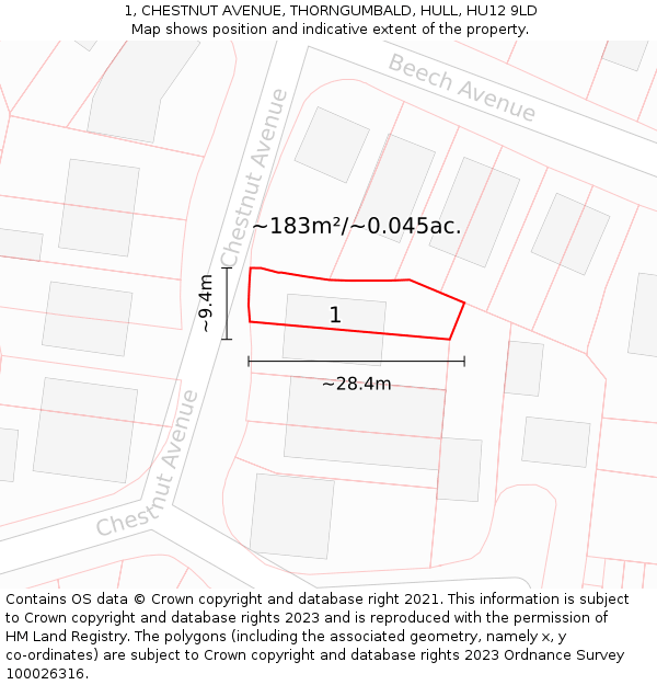 1, CHESTNUT AVENUE, THORNGUMBALD, HULL, HU12 9LD: Plot and title map