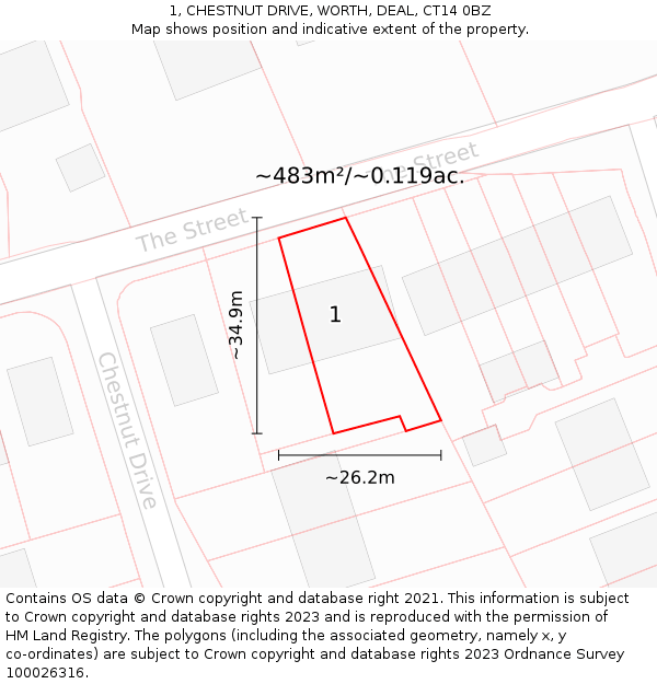1, CHESTNUT DRIVE, WORTH, DEAL, CT14 0BZ: Plot and title map
