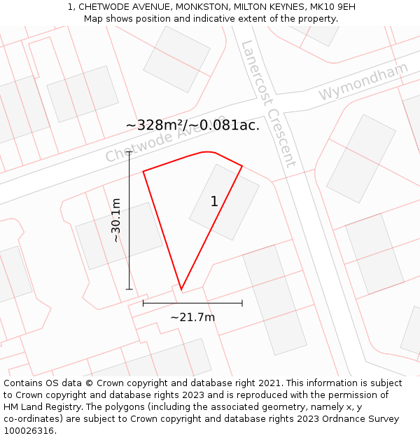 1, CHETWODE AVENUE, MONKSTON, MILTON KEYNES, MK10 9EH: Plot and title map