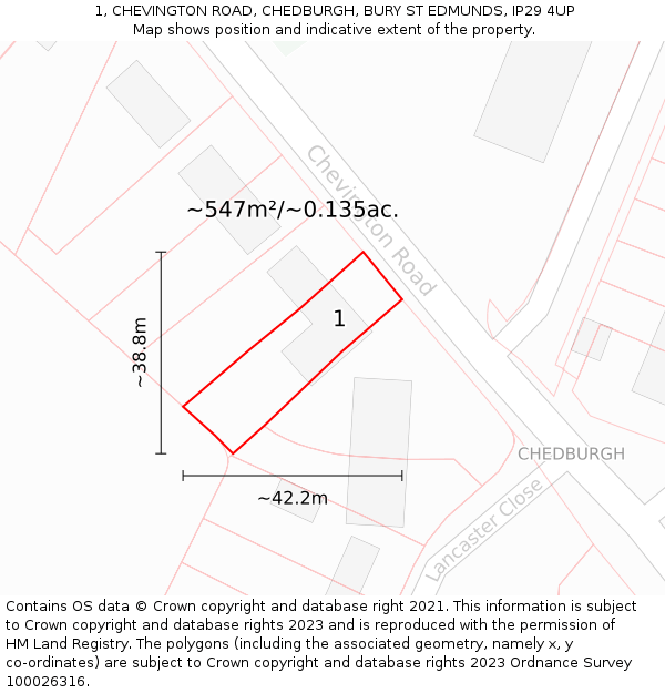 1, CHEVINGTON ROAD, CHEDBURGH, BURY ST EDMUNDS, IP29 4UP: Plot and title map