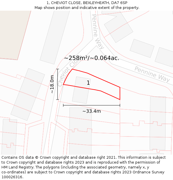 1, CHEVIOT CLOSE, BEXLEYHEATH, DA7 6SP: Plot and title map