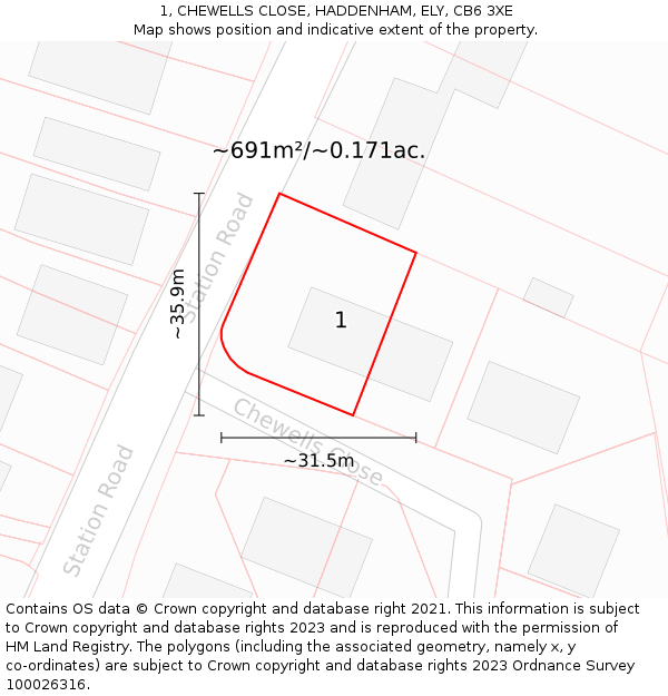 1, CHEWELLS CLOSE, HADDENHAM, ELY, CB6 3XE: Plot and title map