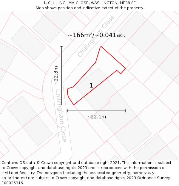 1, CHILLINGHAM CLOSE, WASHINGTON, NE38 8FJ: Plot and title map