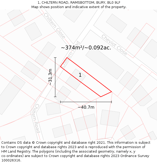 1, CHILTERN ROAD, RAMSBOTTOM, BURY, BL0 9LF: Plot and title map