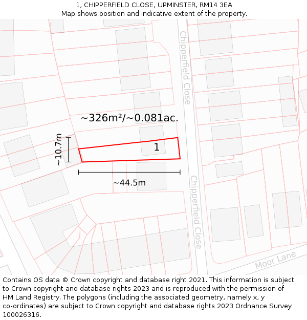 1, CHIPPERFIELD CLOSE, UPMINSTER, RM14 3EA: Plot and title map