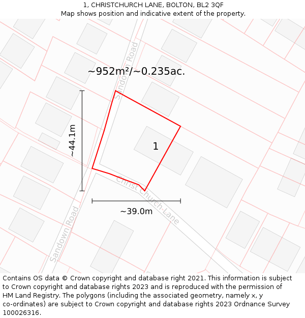 1, CHRISTCHURCH LANE, BOLTON, BL2 3QF: Plot and title map