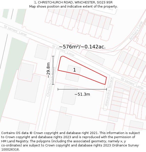 1, CHRISTCHURCH ROAD, WINCHESTER, SO23 9SR: Plot and title map