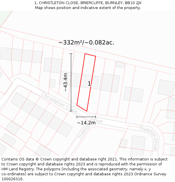 1, CHRISTLETON CLOSE, BRIERCLIFFE, BURNLEY, BB10 2JX: Plot and title map