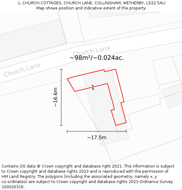 1, CHURCH COTTAGES, CHURCH LANE, COLLINGHAM, WETHERBY, LS22 5AU: Plot and title map
