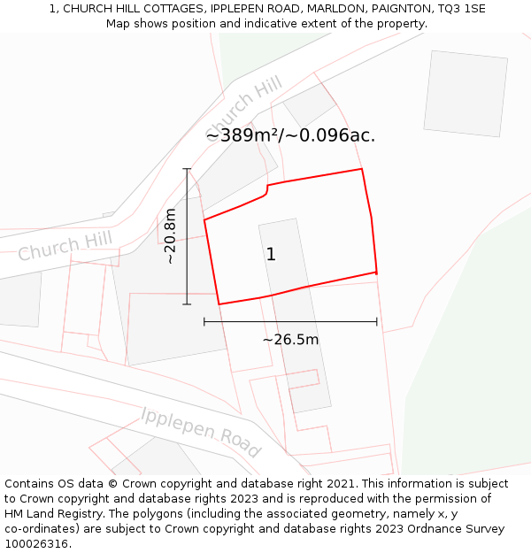 1, CHURCH HILL COTTAGES, IPPLEPEN ROAD, MARLDON, PAIGNTON, TQ3 1SE: Plot and title map