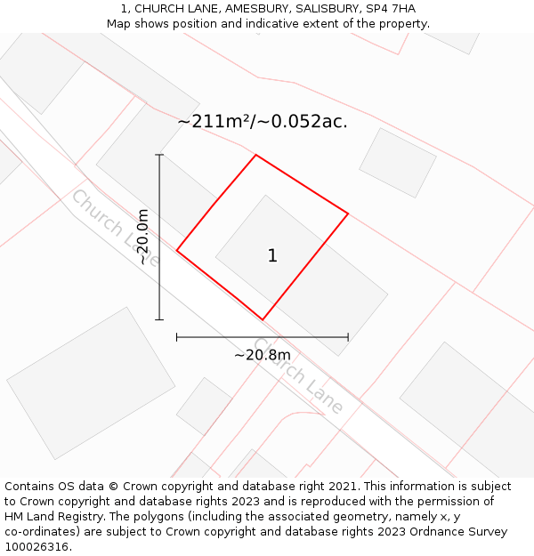 1, CHURCH LANE, AMESBURY, SALISBURY, SP4 7HA: Plot and title map