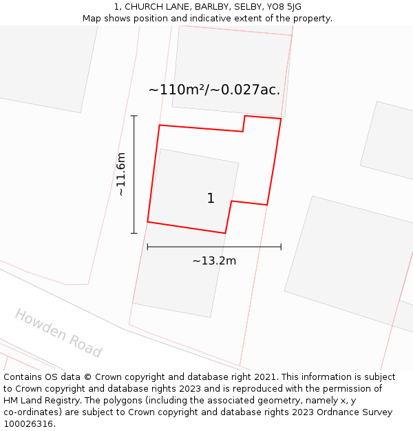 1, CHURCH LANE, BARLBY, SELBY, YO8 5JG: Plot and title map