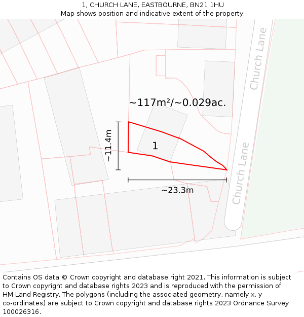 1, CHURCH LANE, EASTBOURNE, BN21 1HU: Plot and title map