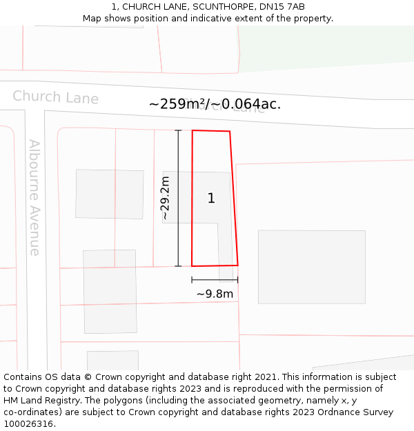 1, CHURCH LANE, SCUNTHORPE, DN15 7AB: Plot and title map