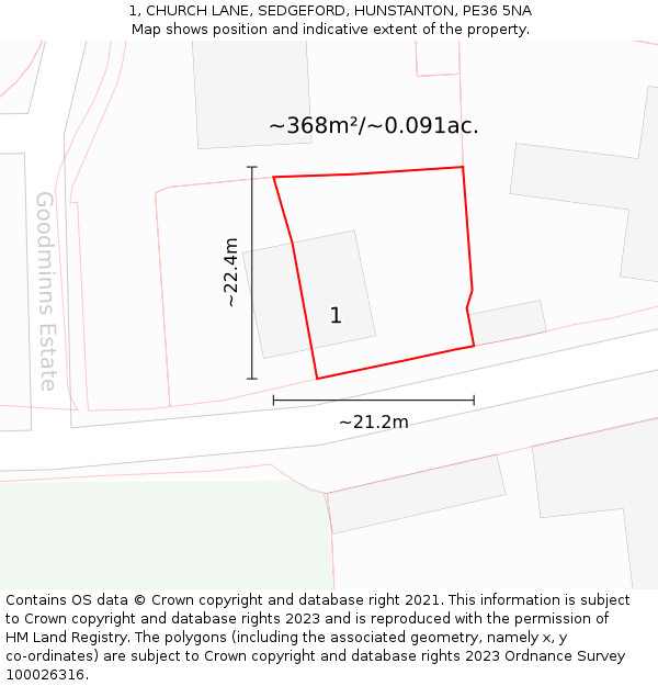 1, CHURCH LANE, SEDGEFORD, HUNSTANTON, PE36 5NA: Plot and title map