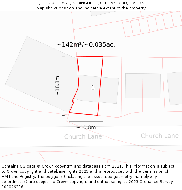 1, CHURCH LANE, SPRINGFIELD, CHELMSFORD, CM1 7SF: Plot and title map