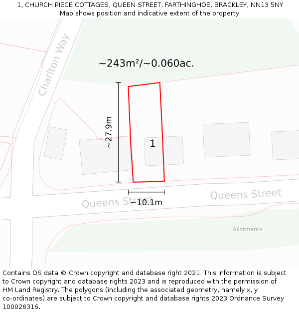 1, CHURCH PIECE COTTAGES, QUEEN STREET, FARTHINGHOE, BRACKLEY, NN13 5NY: Plot and title map