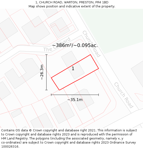 1, CHURCH ROAD, WARTON, PRESTON, PR4 1BD: Plot and title map