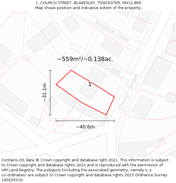 1, CHURCH STREET, BLAKESLEY, TOWCESTER, NN12 8RA: Plot and title map