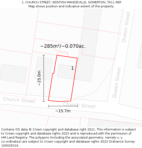 1, CHURCH STREET, KEINTON MANDEVILLE, SOMERTON, TA11 6ER: Plot and title map