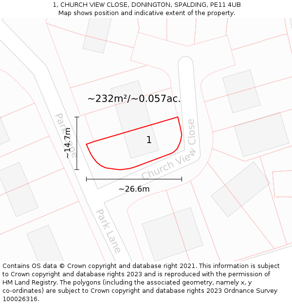 1, CHURCH VIEW CLOSE, DONINGTON, SPALDING, PE11 4UB: Plot and title map