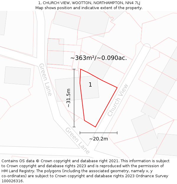 1, CHURCH VIEW, WOOTTON, NORTHAMPTON, NN4 7LJ: Plot and title map