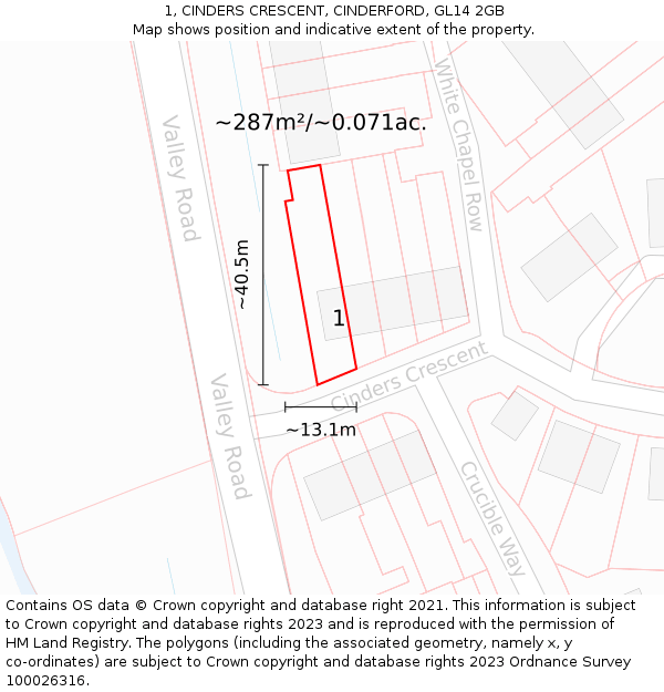 1, CINDERS CRESCENT, CINDERFORD, GL14 2GB: Plot and title map