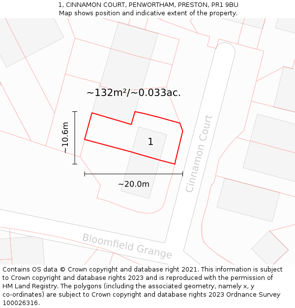 1, CINNAMON COURT, PENWORTHAM, PRESTON, PR1 9BU: Plot and title map