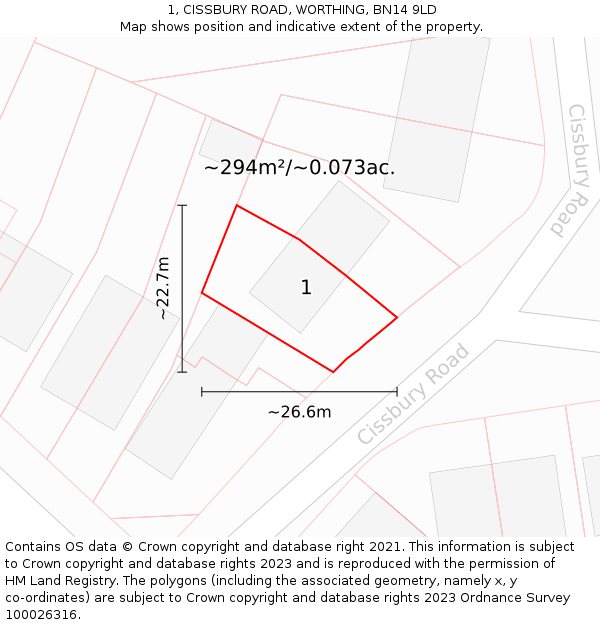 1, CISSBURY ROAD, WORTHING, BN14 9LD: Plot and title map