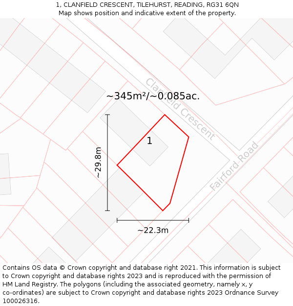 1, CLANFIELD CRESCENT, TILEHURST, READING, RG31 6QN: Plot and title map