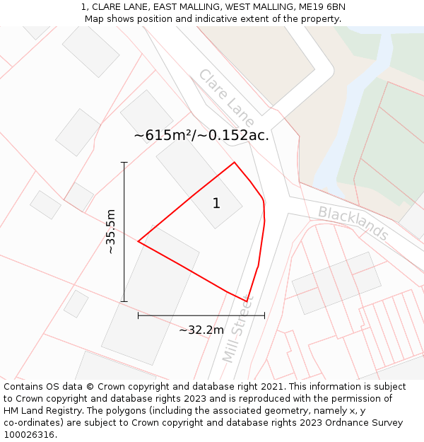 1, CLARE LANE, EAST MALLING, WEST MALLING, ME19 6BN: Plot and title map