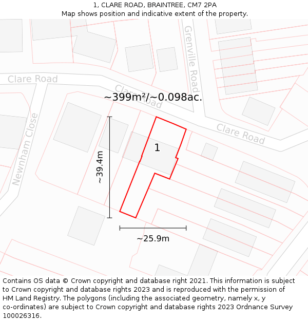 1, CLARE ROAD, BRAINTREE, CM7 2PA: Plot and title map