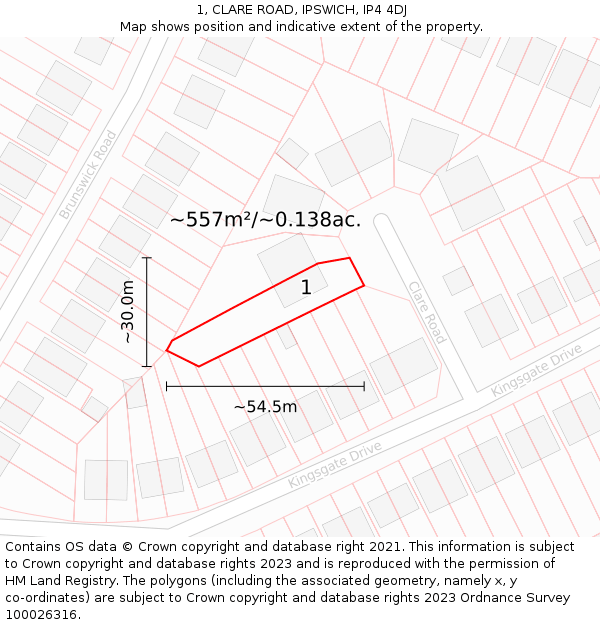 1, CLARE ROAD, IPSWICH, IP4 4DJ: Plot and title map