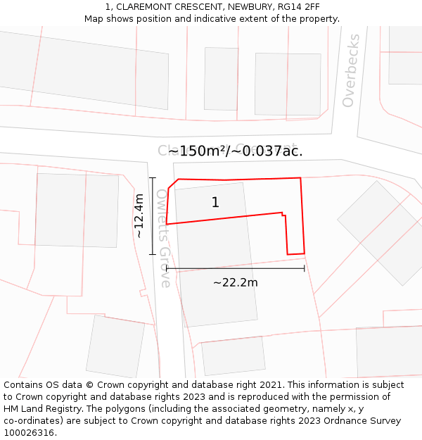1, CLAREMONT CRESCENT, NEWBURY, RG14 2FF: Plot and title map
